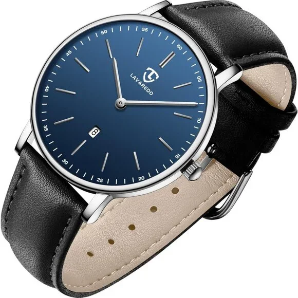 Men's Black -Blue Leather Strap Analog Minimal Simple Stylish Buckle Wrist Watch - Picture 1 of 6